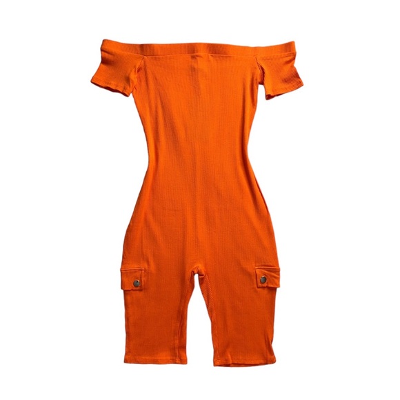 Fashion Nova Pants - NWT Orange Off-Shoulder Ribbed Biker Romper · Size M
